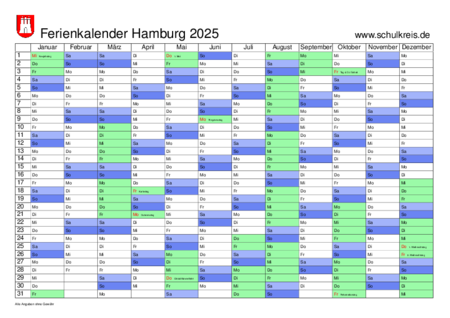 Schulferien-Kalender Hamburg 2025 mit Feiertagen und Ferien