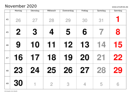 Monatskalender November 2020 - Monats-Terminkalender ...