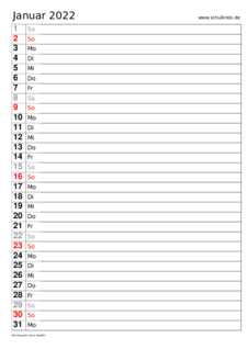 Monatskalender Januar 2022 - Monats-Terminkalender kostenlos ausdrucken